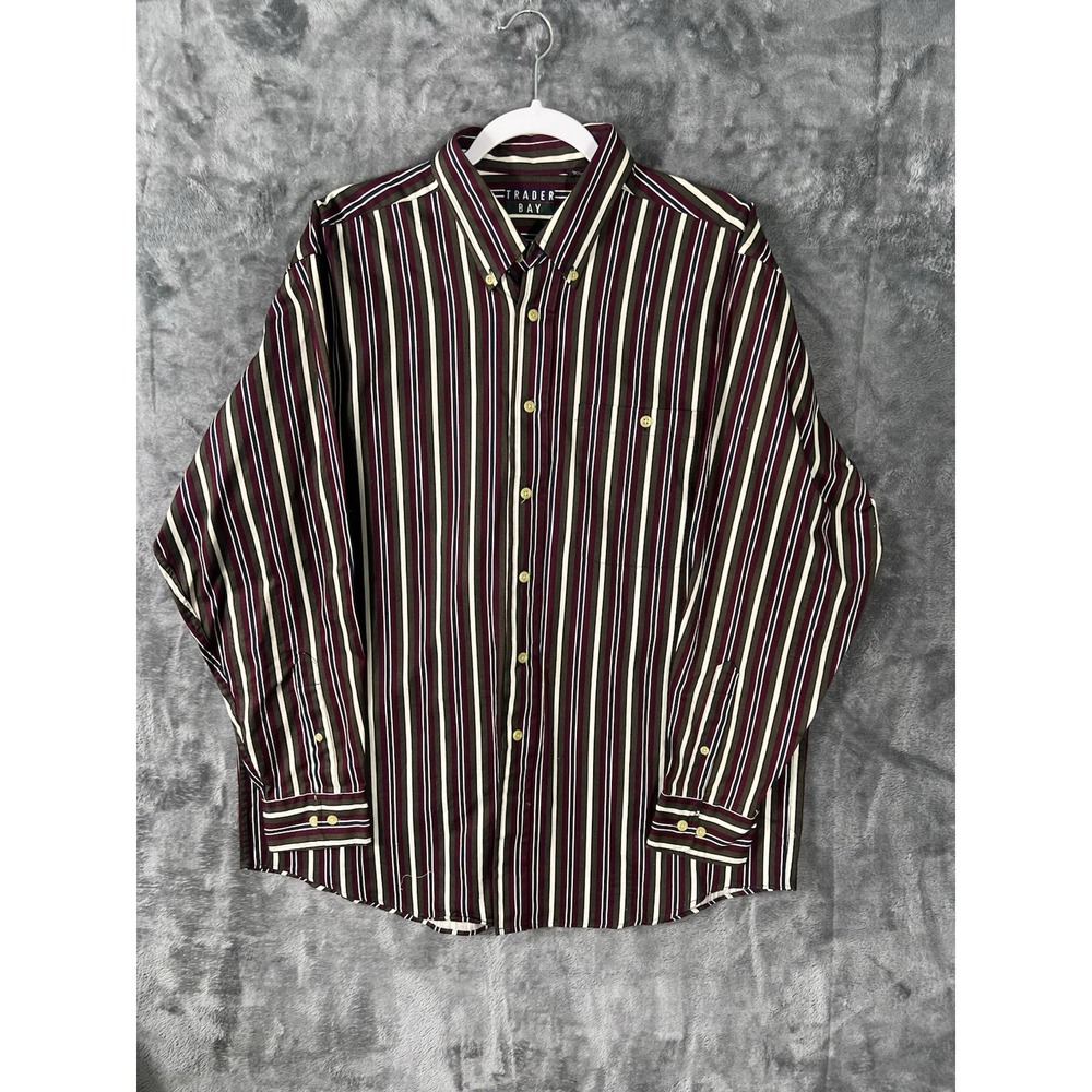 Trader Bay Mens Large Long Sleeve Striped Button Down Shirt Burgundy Green 61851